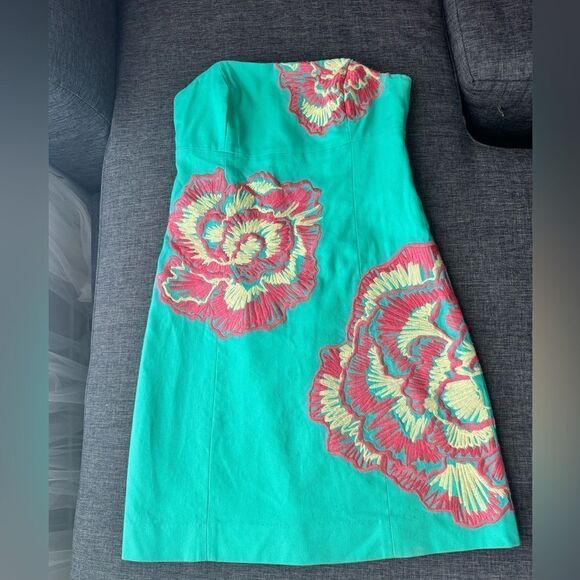 Lilly Pulitzer Bowen Lagoon Green Comb Get It Embroidered Strapless Dress Sz 2 - Picture 8 of 15